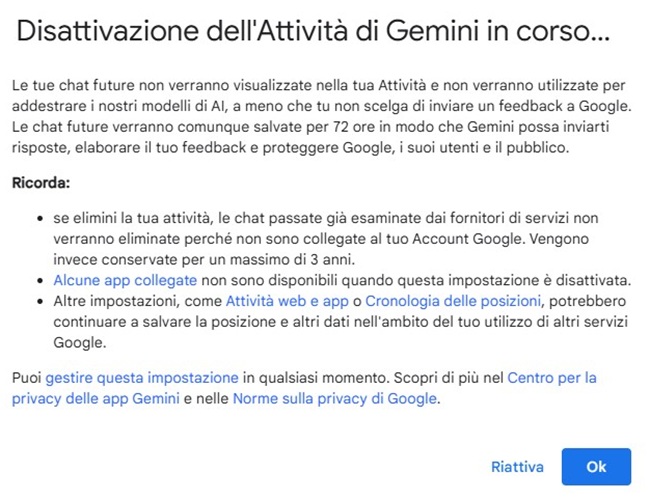 Disattivazione attivita Gemini